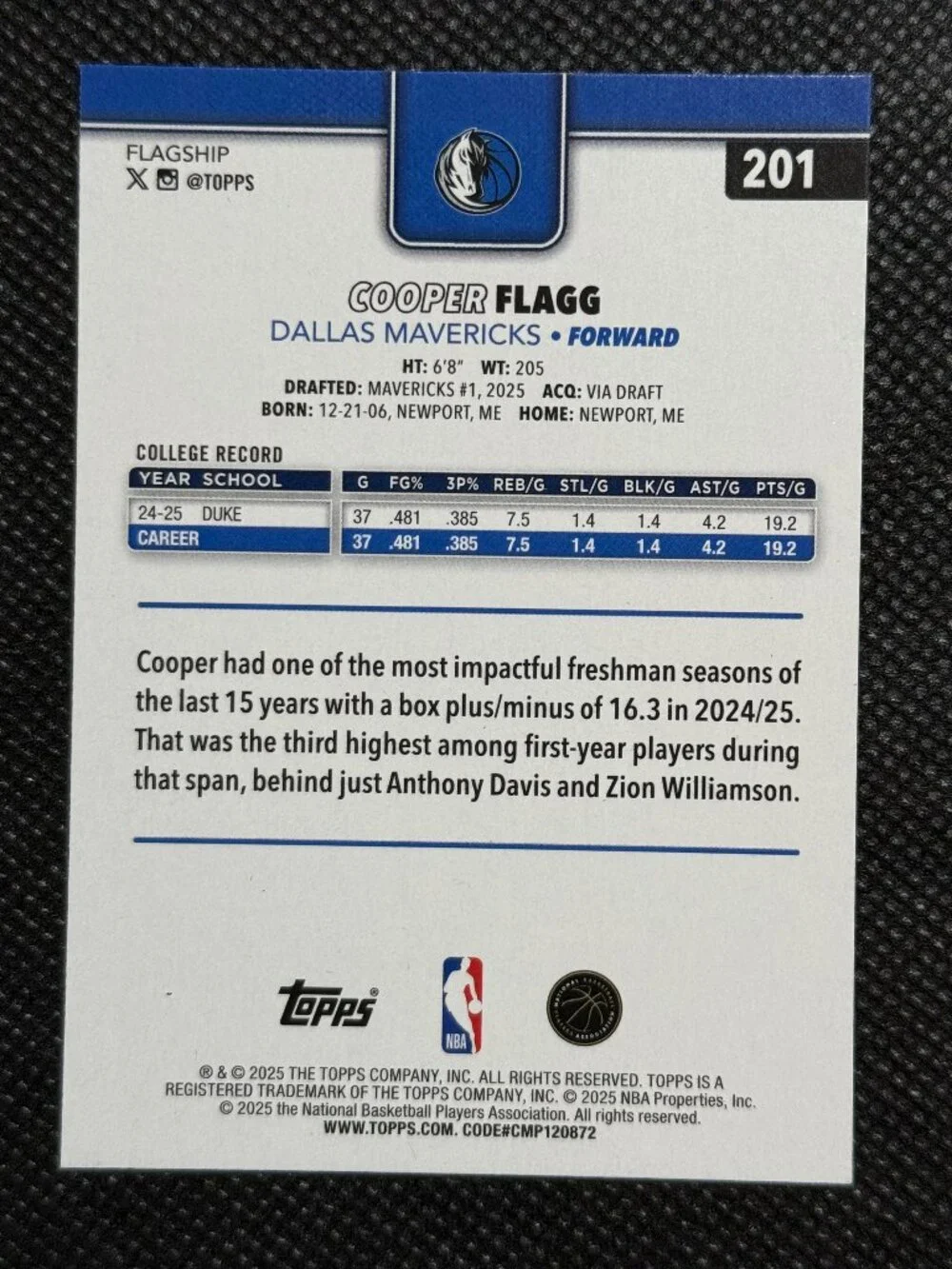 2025-26 Topps - Cooper Flagg #201 (RC) Rookie Dallas Mavericks